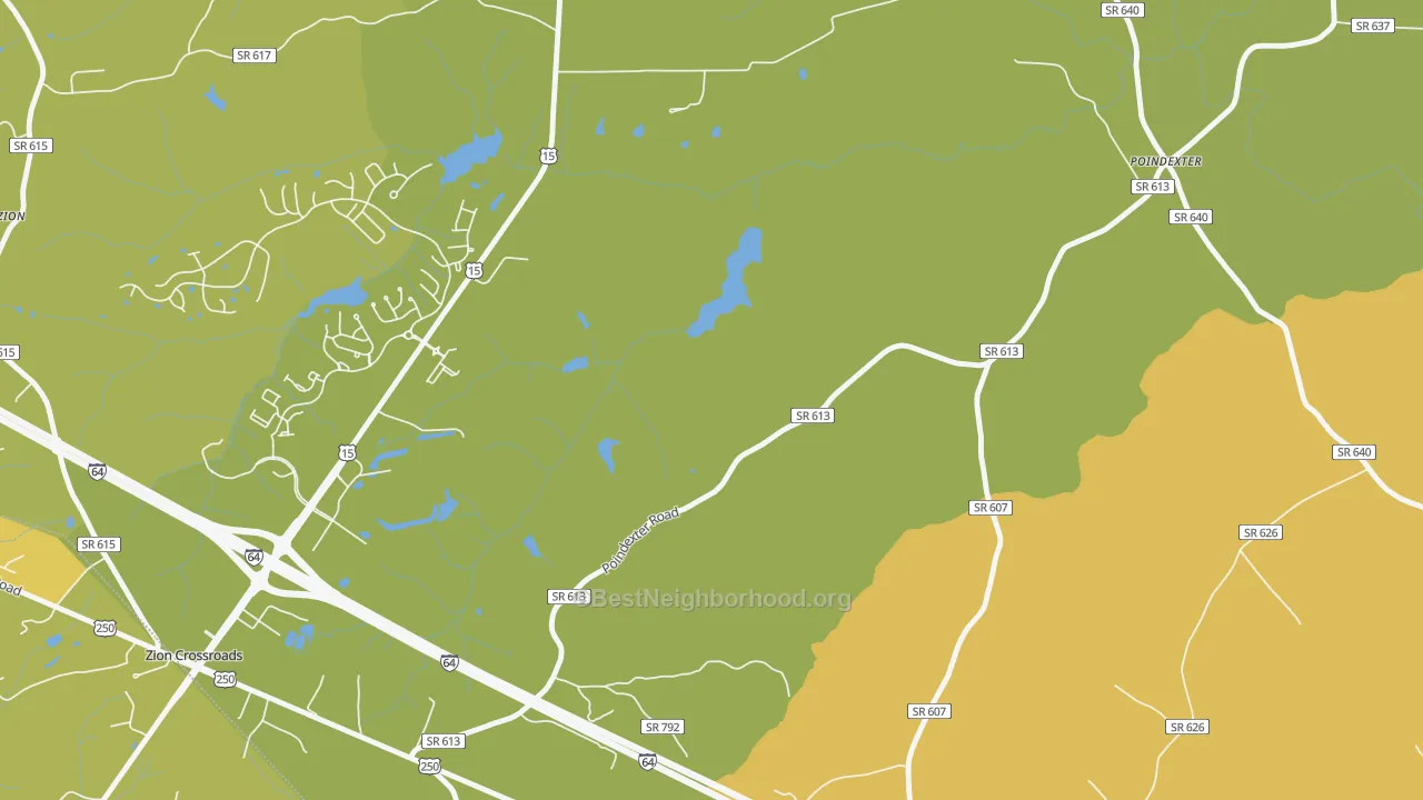 Map of the best neighborhoods in the Zion Crossroads area, with better matches in green and worse matches in red