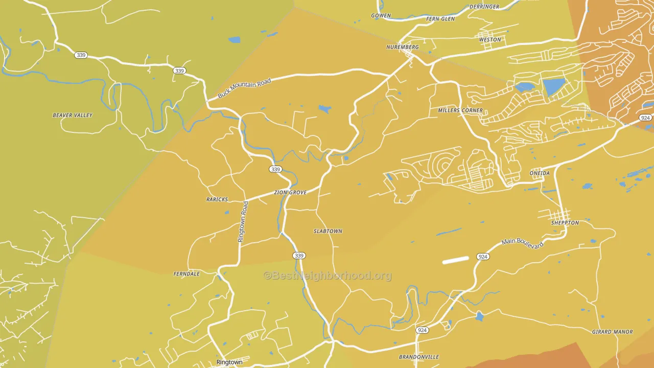 Map of the best neighborhoods in the Zion Grove area, with better matches in green and worse matches in red
