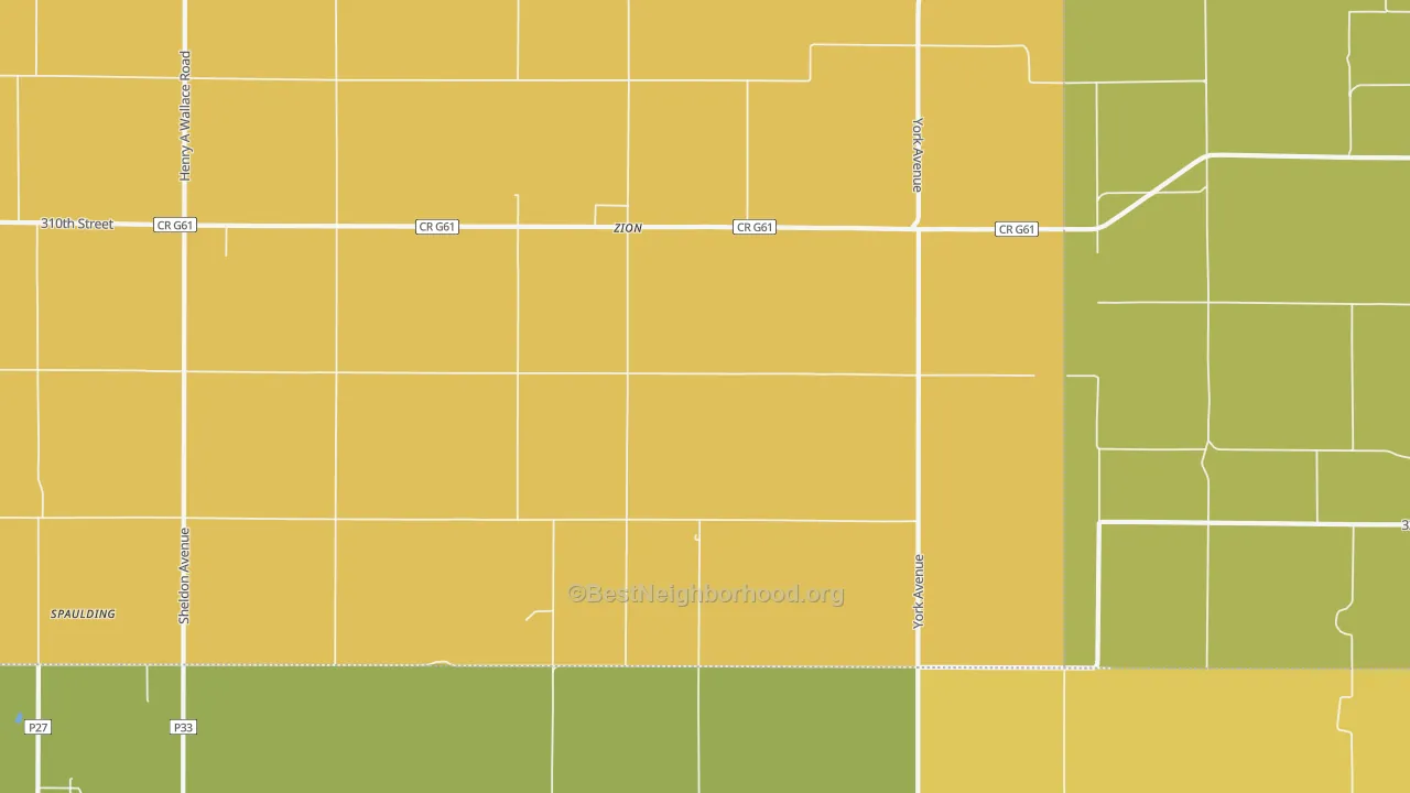 Map of the best neighborhoods in the Zion area, with better matches in green and worse matches in red