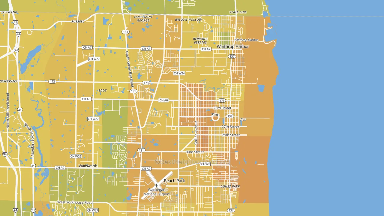 Map of the best neighborhoods in the Zion area, with better matches in green and worse matches in red