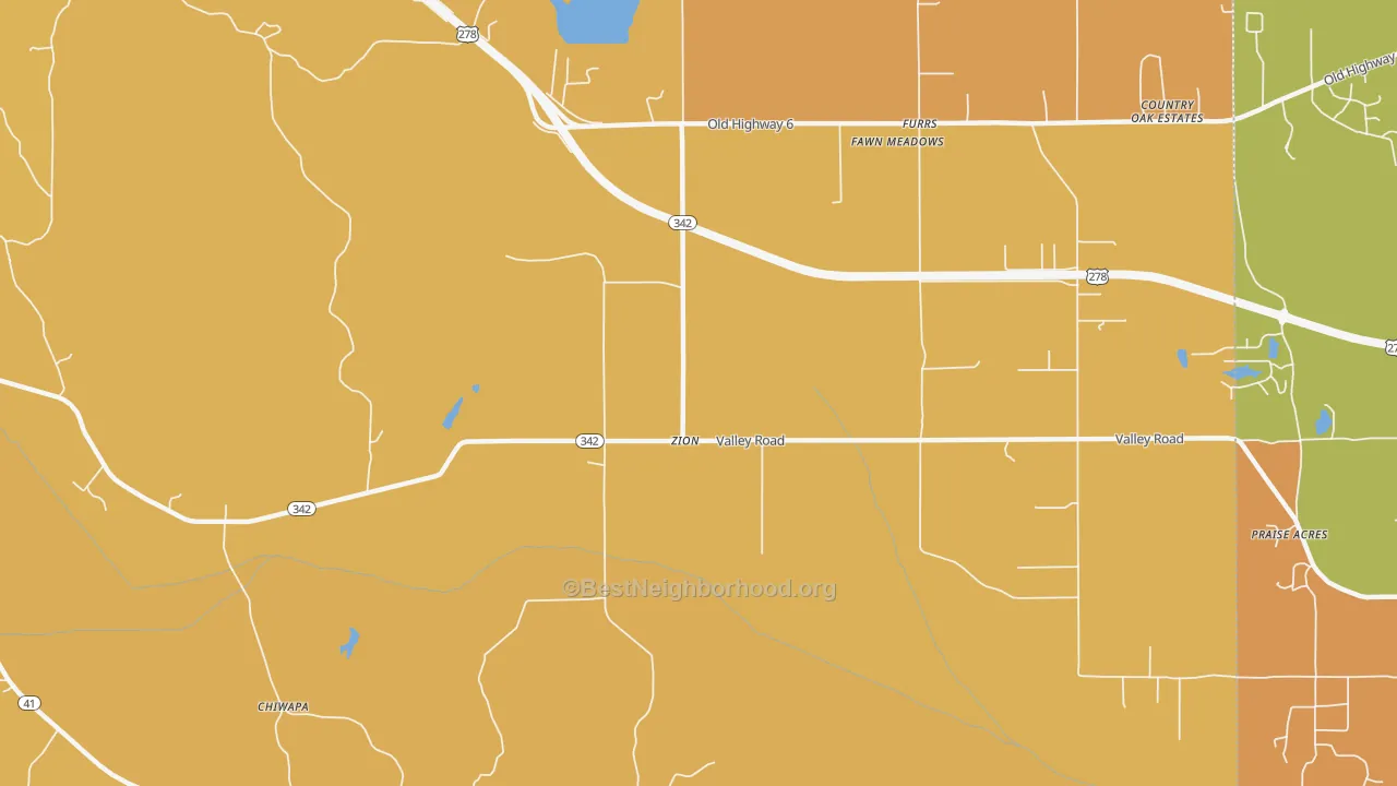Map of the best neighborhoods in the Zion area, with better matches in green and worse matches in red