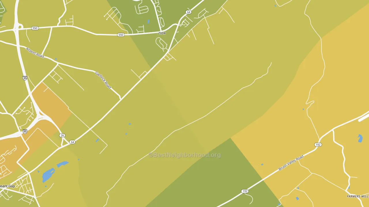 Map of the best neighborhoods in the Zion area, with better matches in green and worse matches in red