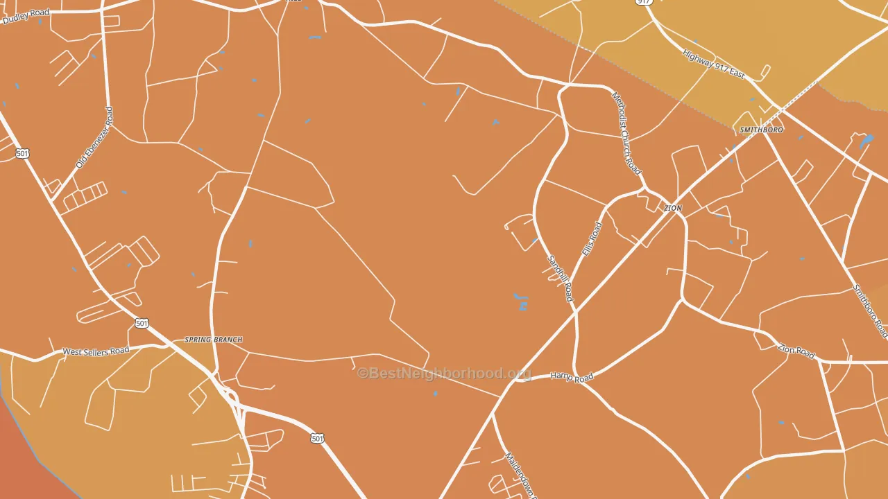 Map of the best neighborhoods in the Zion area, with better matches in green and worse matches in red