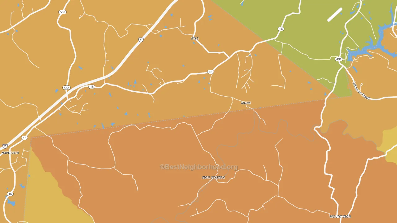 Map of the best neighborhoods in the Zion Station area, with better matches in green and worse matches in red