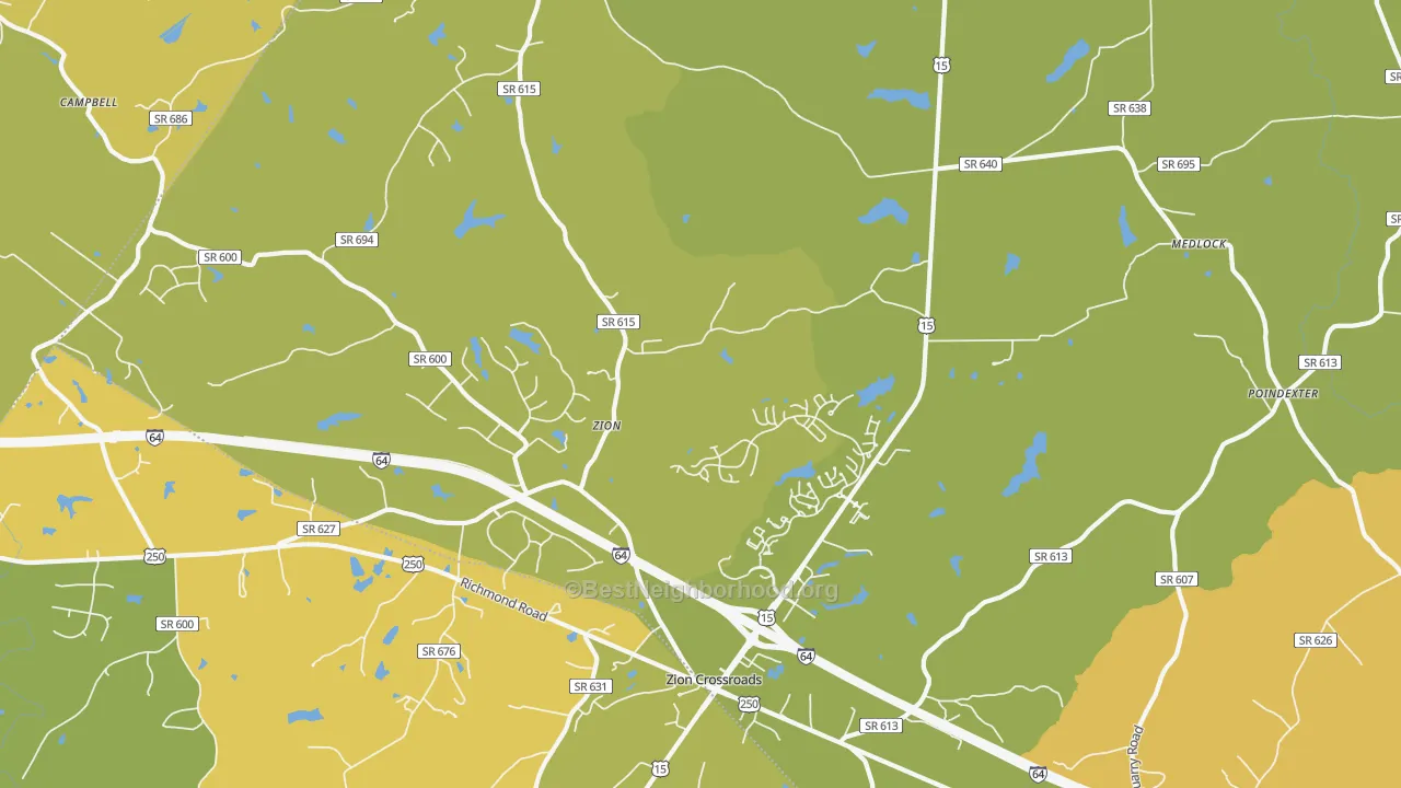 Map of the best neighborhoods in the Zion area, with better matches in green and worse matches in red