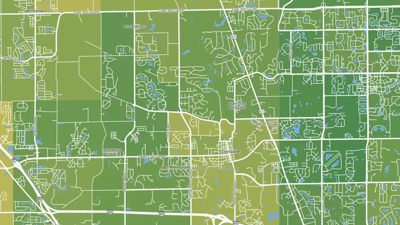 Map of the best neighborhoods in the Zionsville area, with better matches in green and worse matches in red