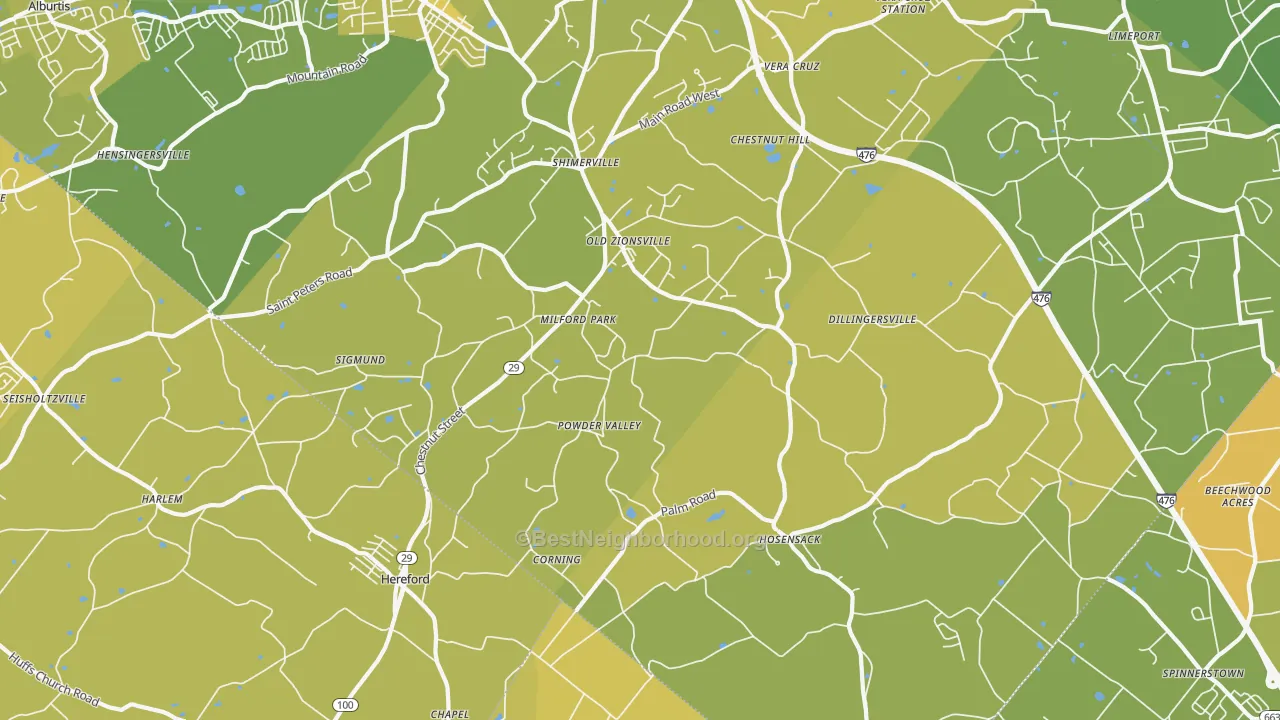 Map of the best neighborhoods in the Zionsville area, with better matches in green and worse matches in red
