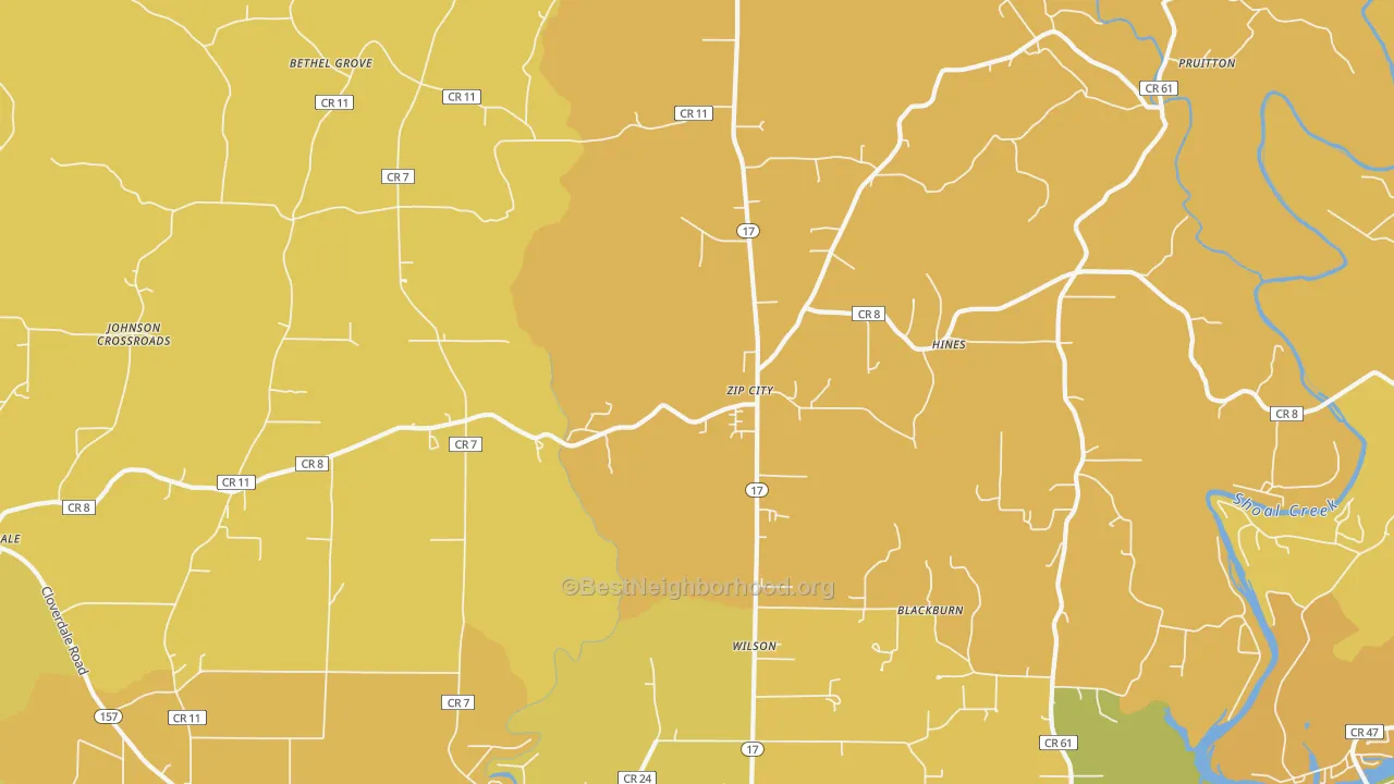 Map of the best neighborhoods in the Zip City area, with better matches in green and worse matches in red