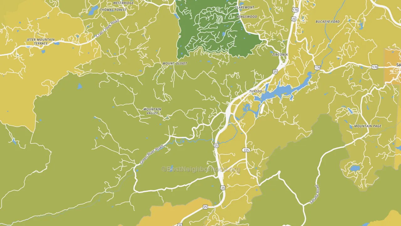 Map of the best neighborhoods in the Zirconia area, with better matches in green and worse matches in red