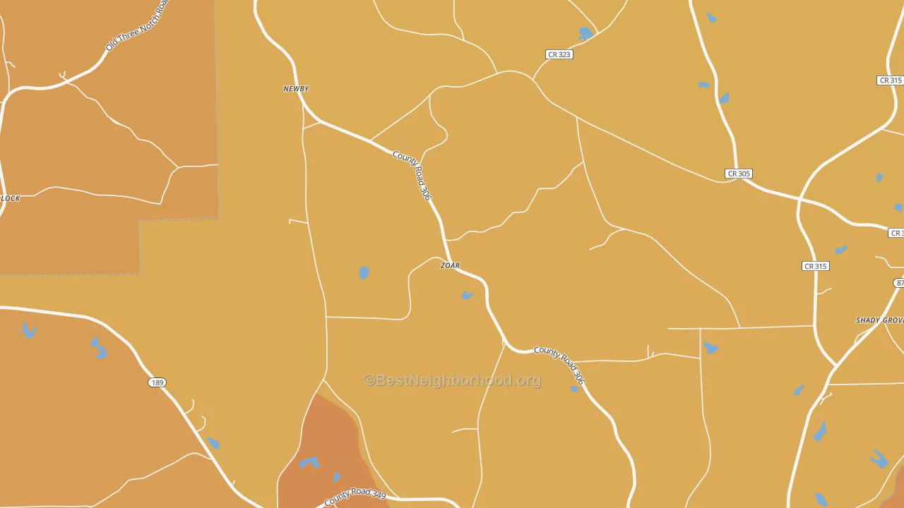 Map of the best neighborhoods in the Zoar area, with better matches in green and worse matches in red