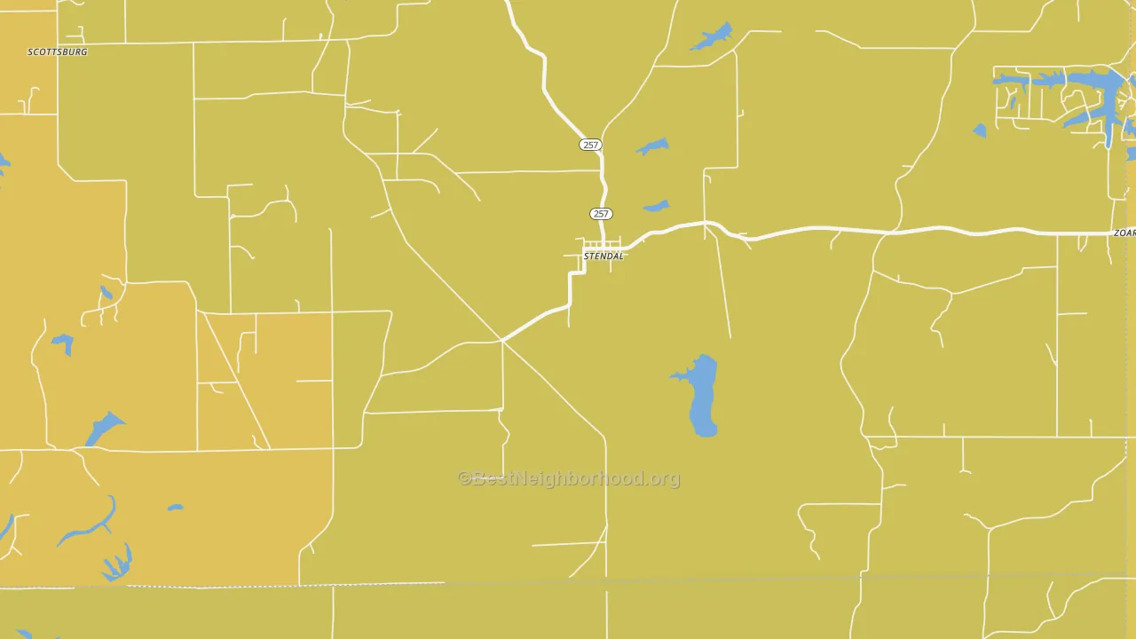 Map of the best neighborhoods in the Zoar area, with better matches in green and worse matches in red