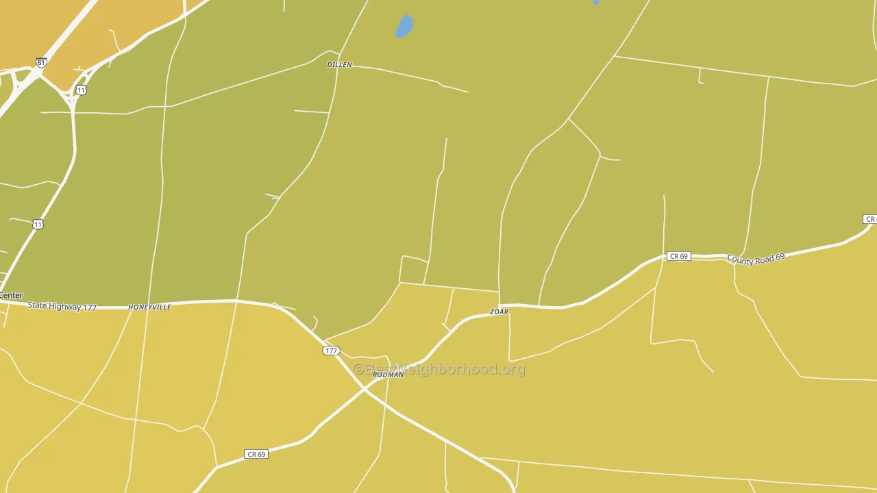 Map of the best neighborhoods in the Zoar area, with better matches in green and worse matches in red