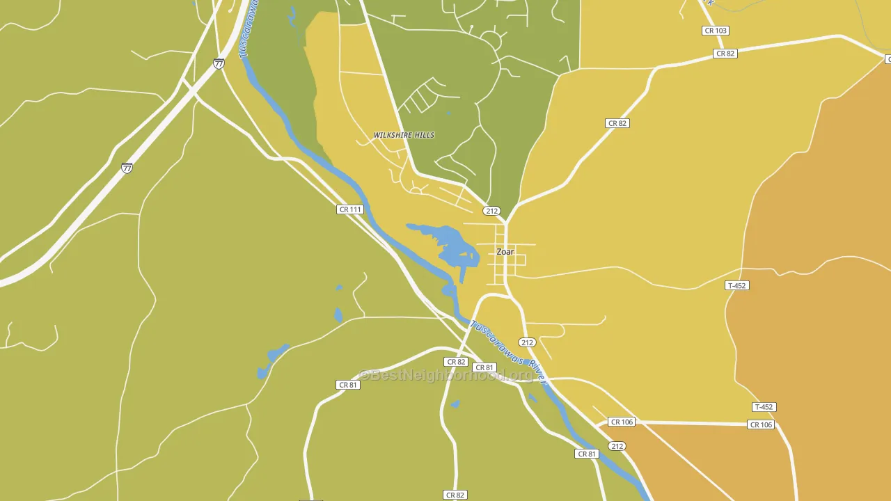 Map of the best neighborhoods in the Zoar area, with better matches in green and worse matches in red