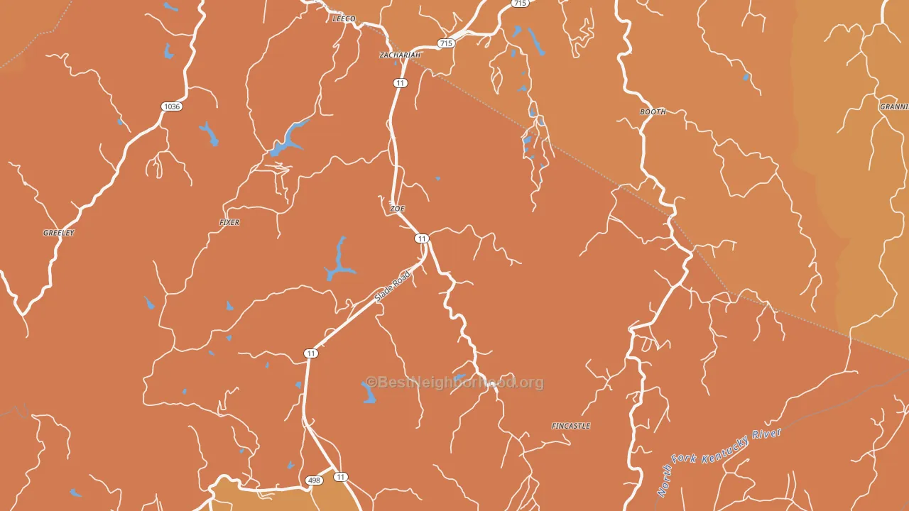 Map of the best neighborhoods in the Zoe area, with better matches in green and worse matches in red