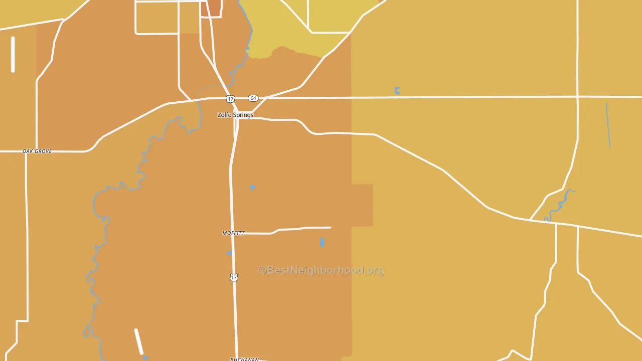 Map of the best neighborhoods in the Zolfo Springs area, with better matches in green and worse matches in red