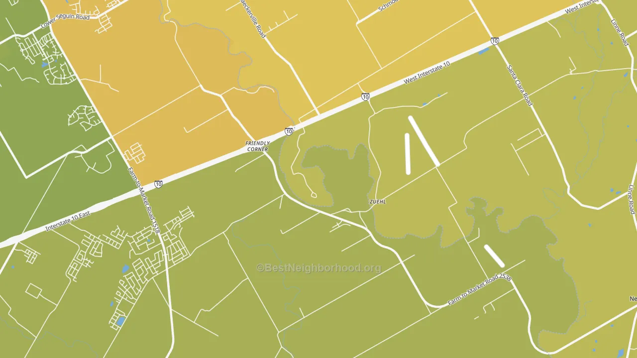 Map of the best neighborhoods in the Zuehl area, with better matches in green and worse matches in red