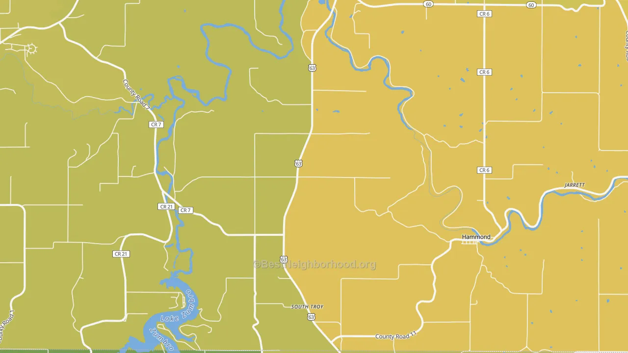 Map of the best neighborhoods in the Zumbro Falls area, with better matches in green and worse matches in red