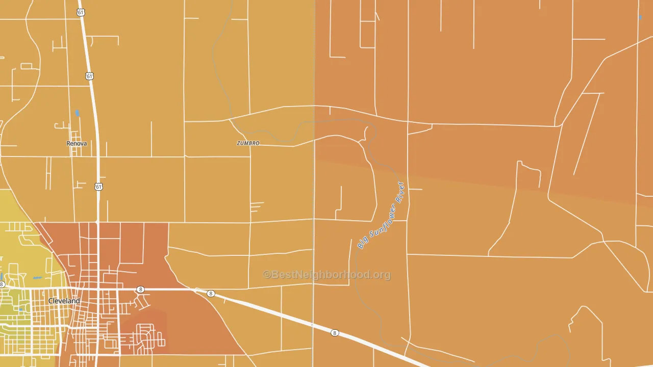 Map of the best neighborhoods in the Zumbro area, with better matches in green and worse matches in red