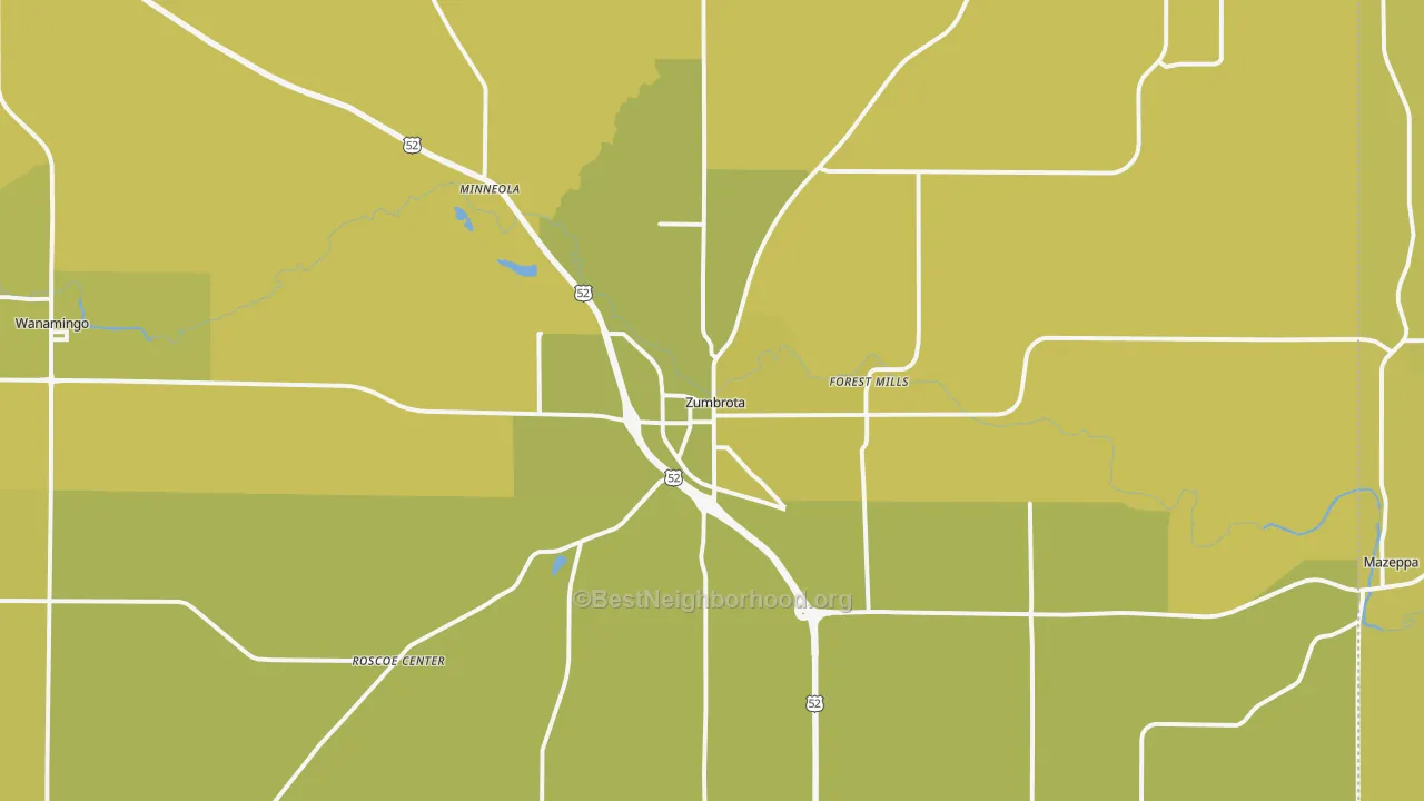 Map of the best neighborhoods in the Zumbrota area, with better matches in green and worse matches in red