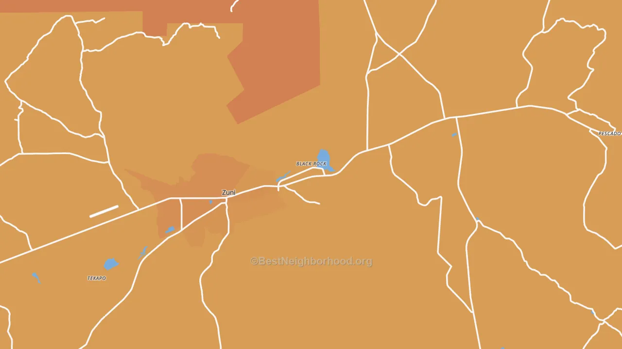 Map of the best neighborhoods in the Zuni area, with better matches in green and worse matches in red