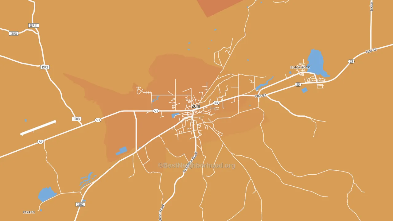 Map of the best neighborhoods in the Zuni Pueblo area, with better matches in green and worse matches in red