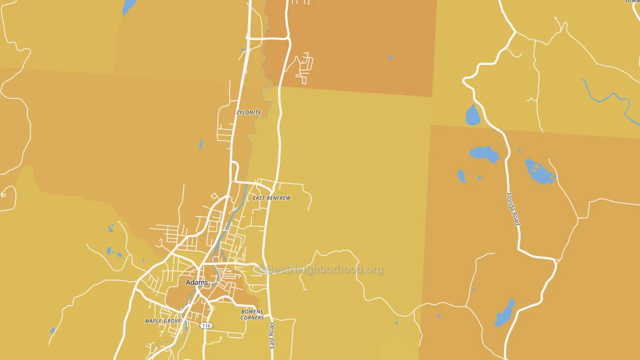Map of the best neighborhoods in the Zylonite area, with better matches in green and worse matches in red