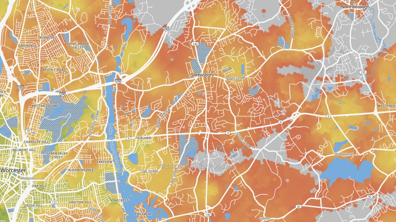 Bike Grade map of 01545, MA