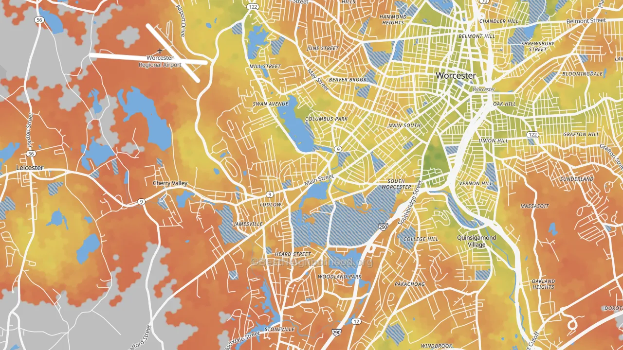 Bike Grade map of 01603, MA