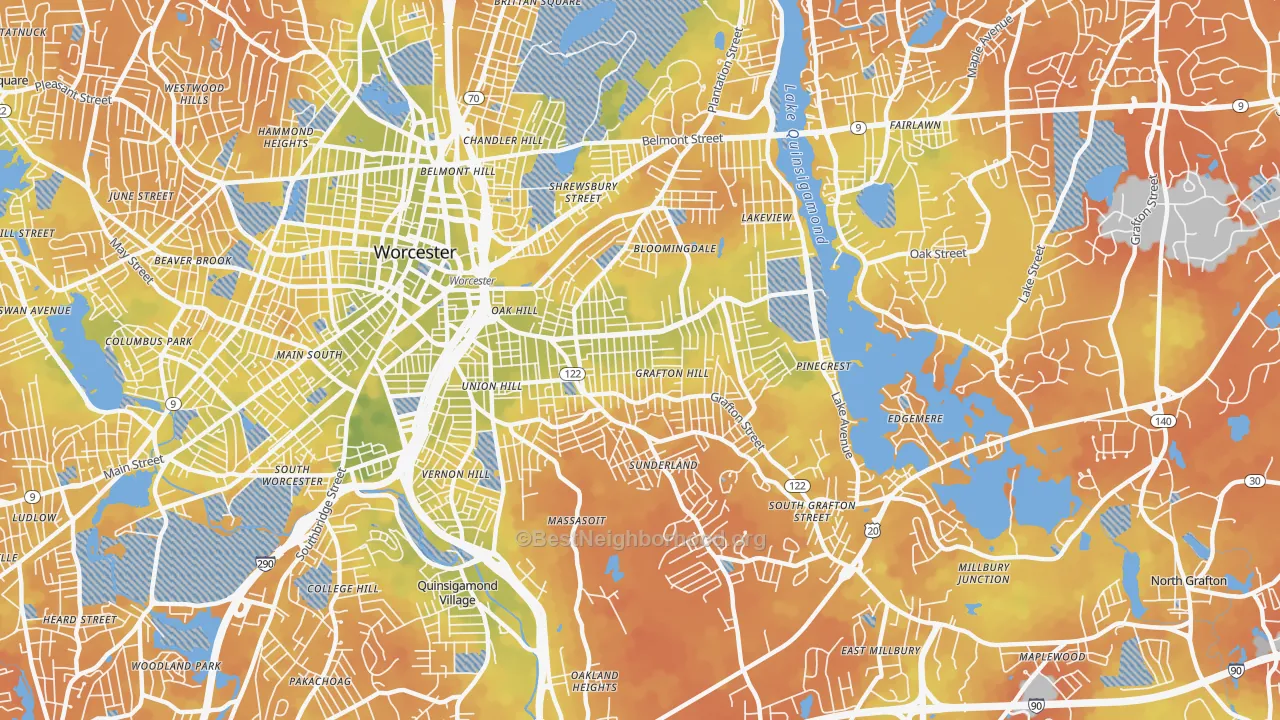 Bike Grade map of 01604, MA