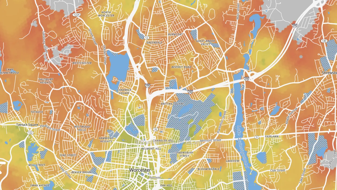 Bike Grade map of 01605, MA