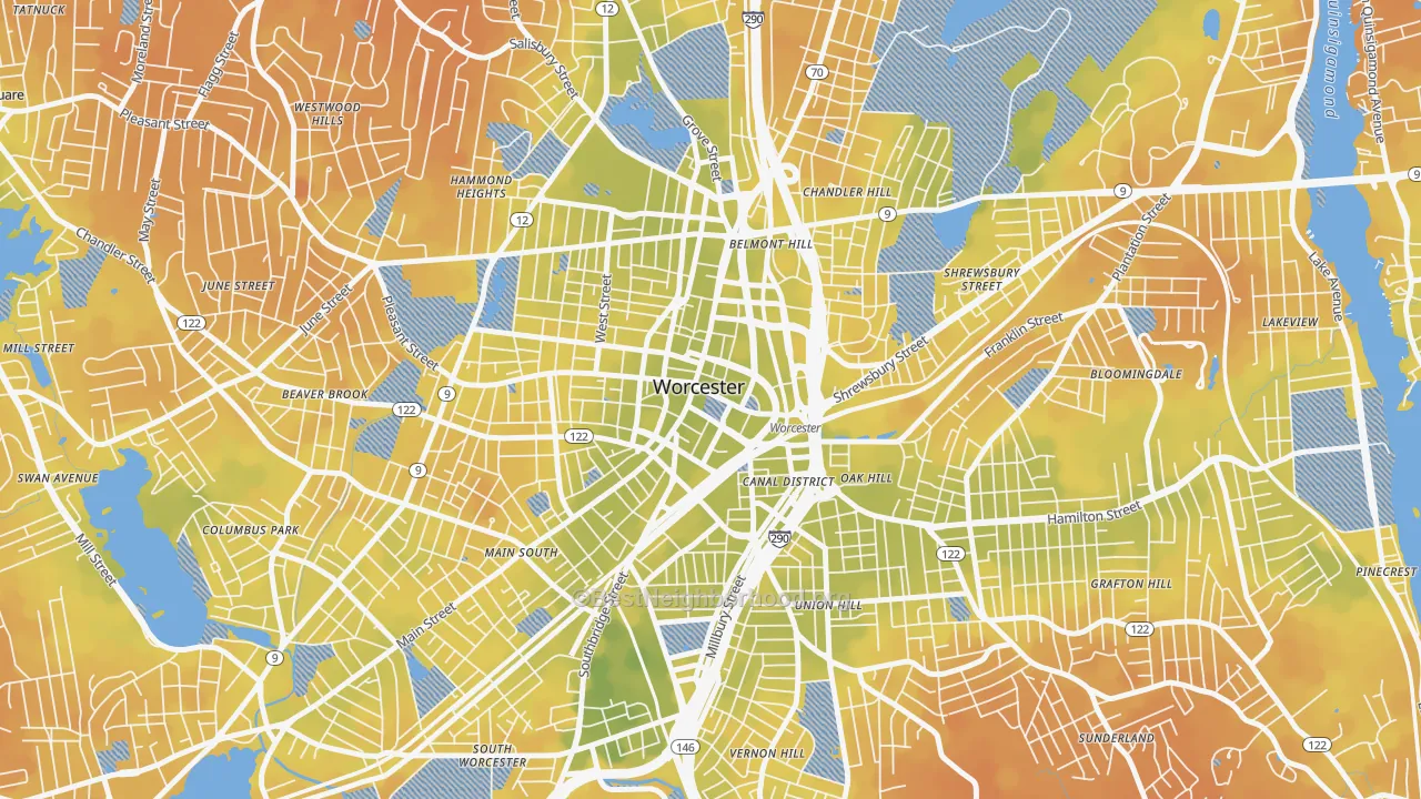 Bike Grade map of 01608, MA