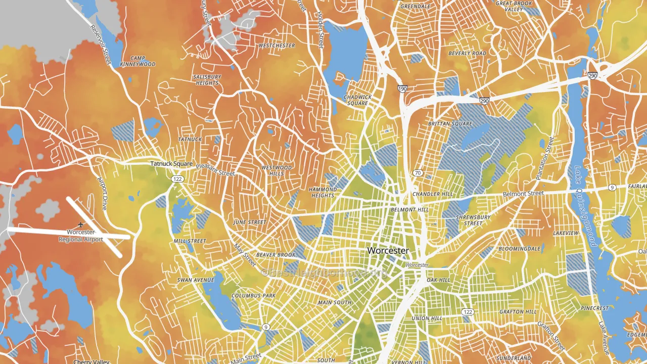 Bike Grade map of 01609, MA