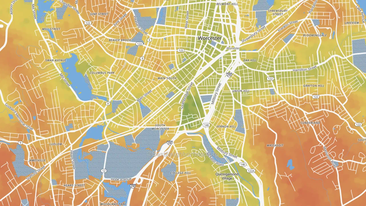 Bike Grade map of 01610, MA