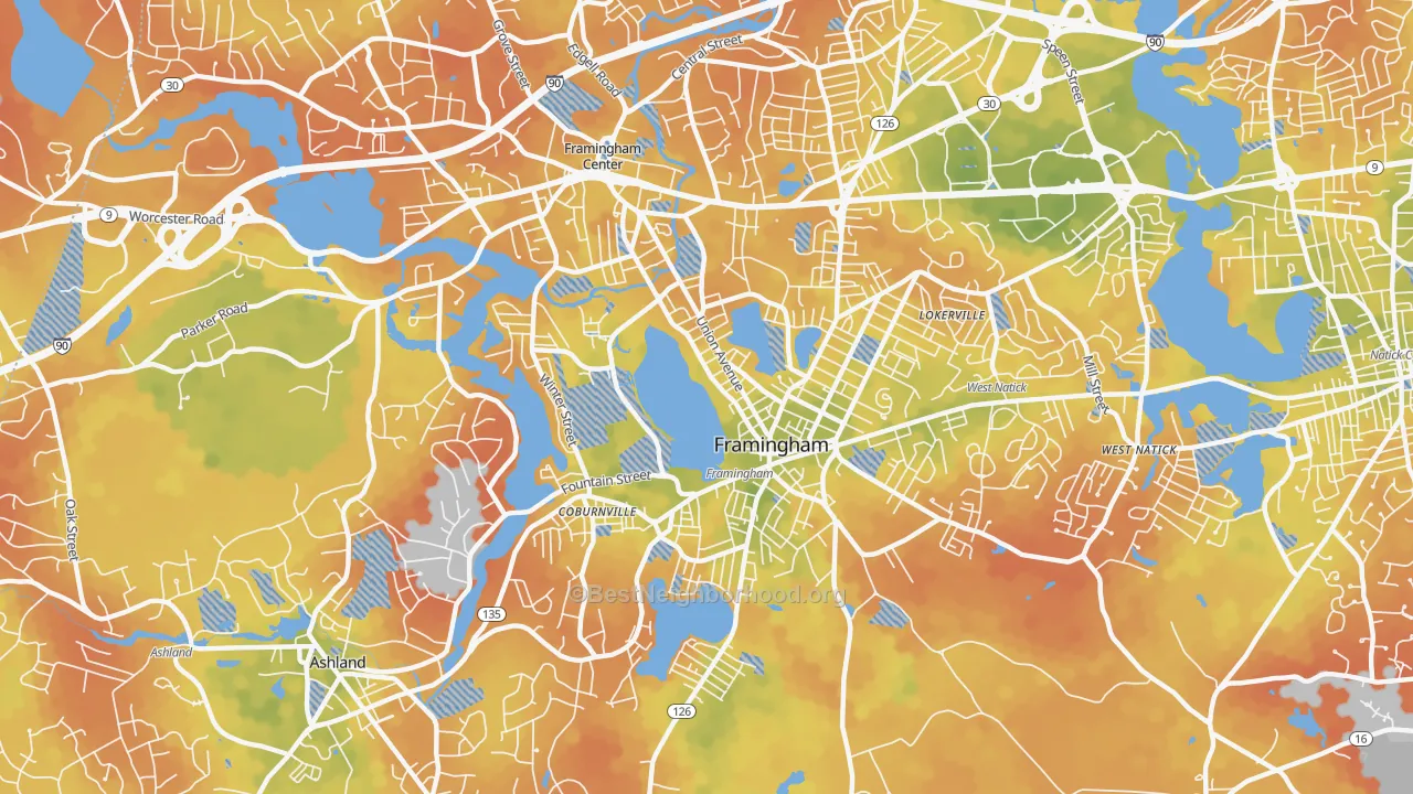 Bike Grade map of 01702, MA