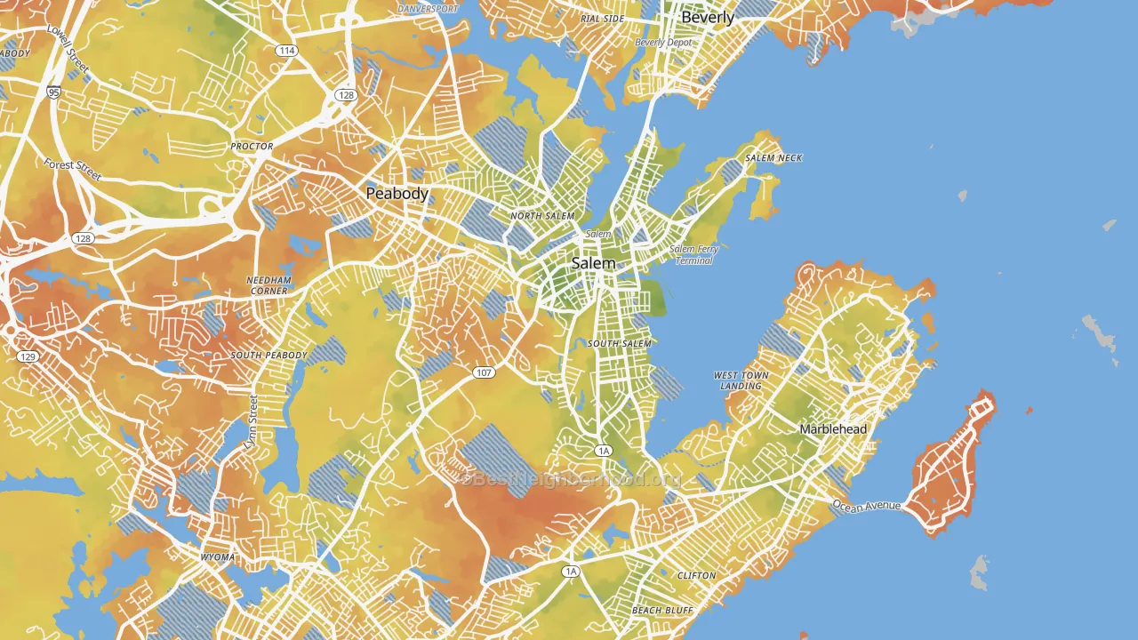 Bike Grade map of 01970, MA