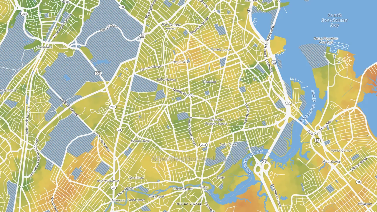 Bike Grade map of 02124, MA