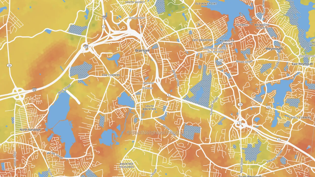 Bike Grade map of 02184, MA