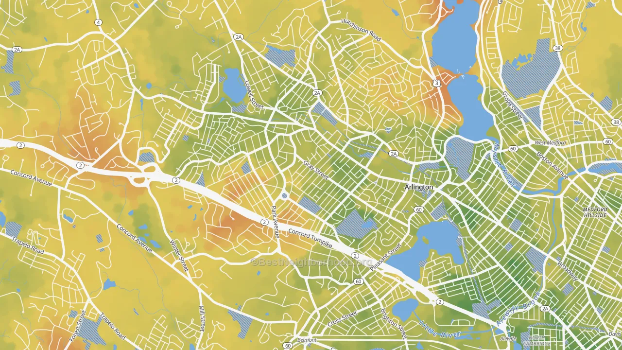 Bike Grade map of 02476, MA