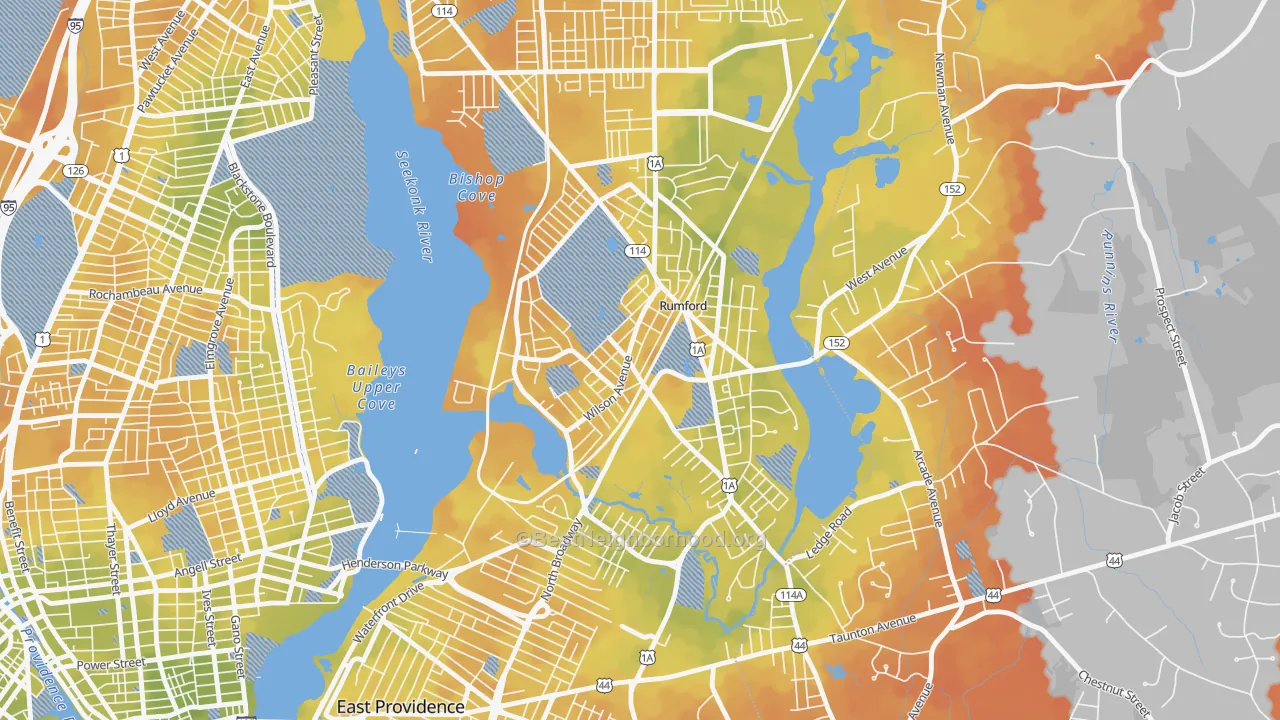 Bike Grade map of 02916, RI