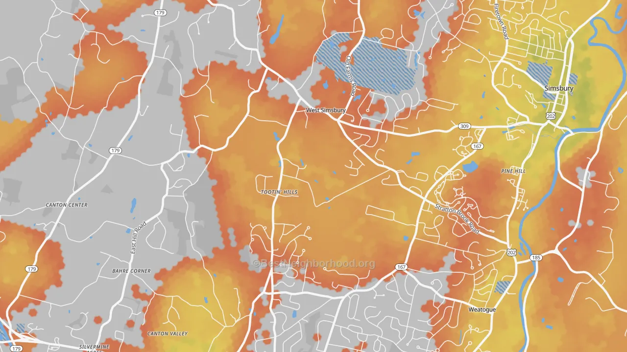Bike Grade map of 06092, CT