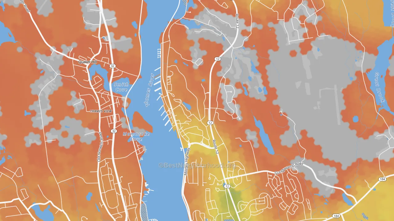 Bike Grade map of 06349, CT