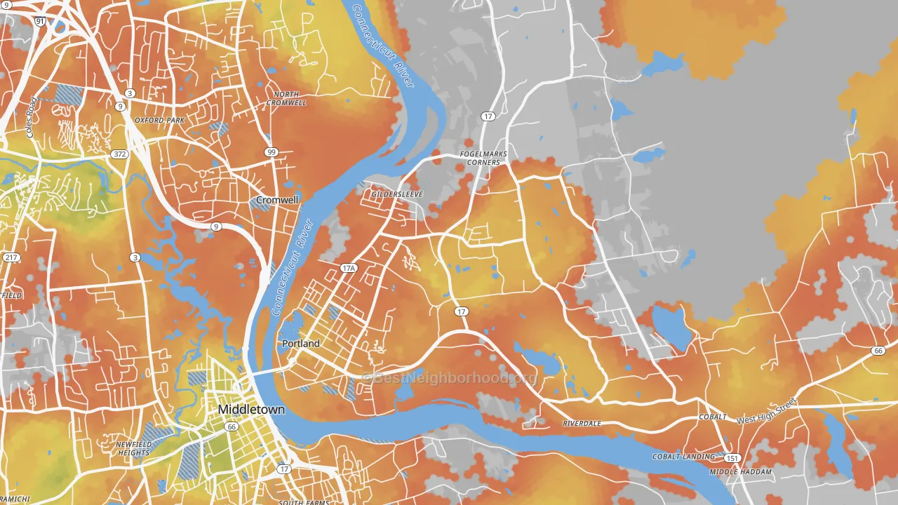 Bike Grade map of 06480, CT