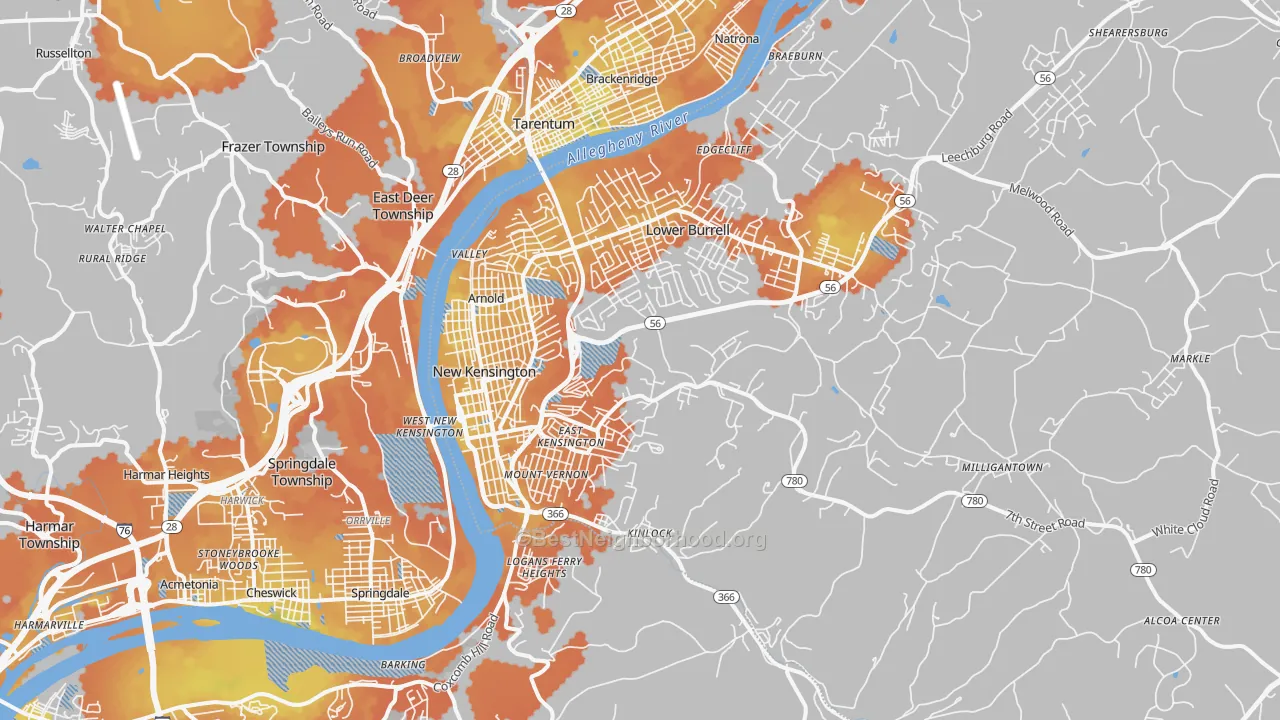 Bike Grade map of 15068, PA