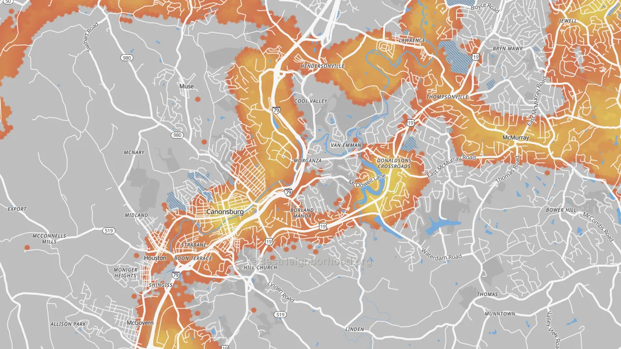 Bike Grade map of 15317, PA