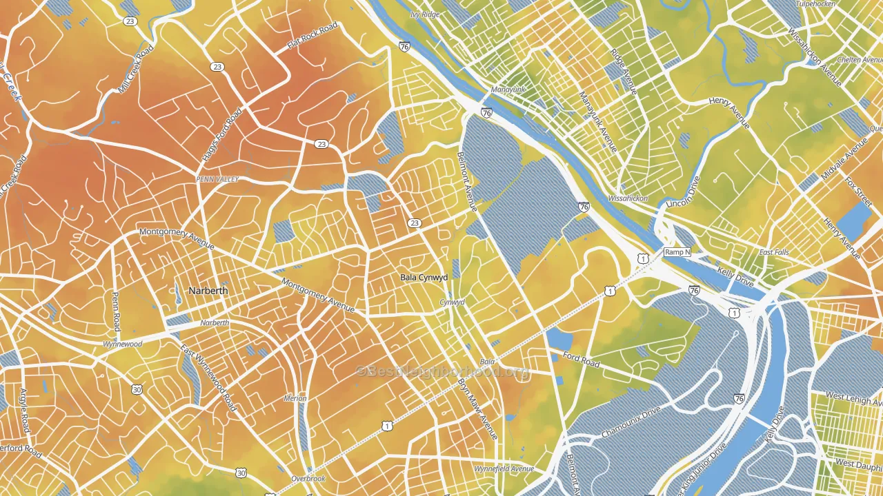 Bike Grade map of 19004, PA