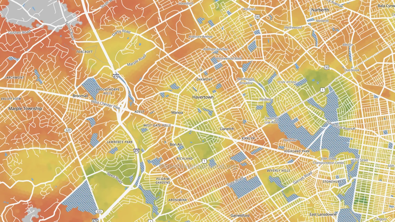 Bike Grade map of 19083, PA