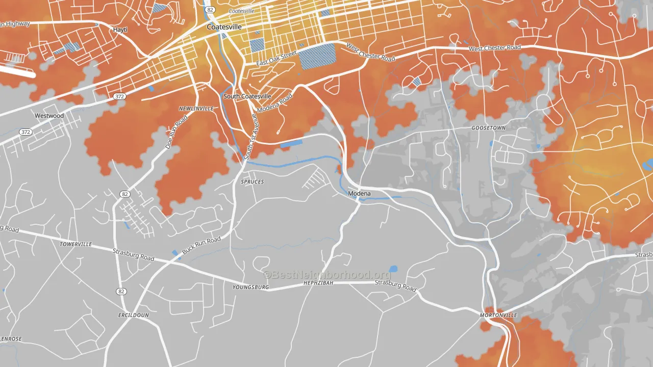 Bike Grade map of 19358, PA
