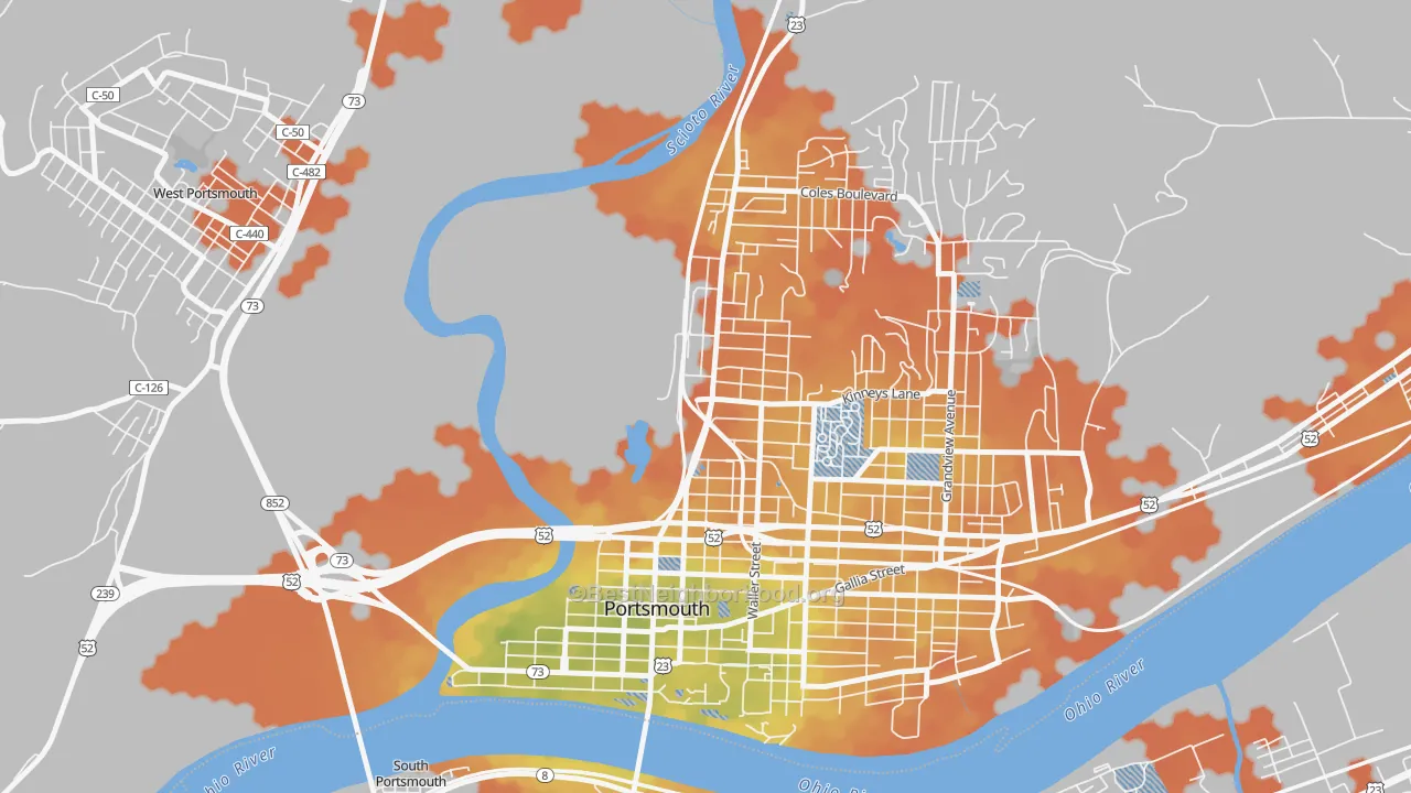 Bike Grade map of 1st Ward, Portsmouth, OH
