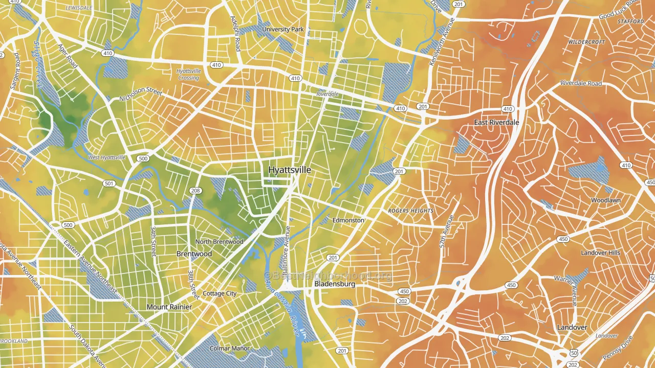 Bike Grade map of 20781, MD