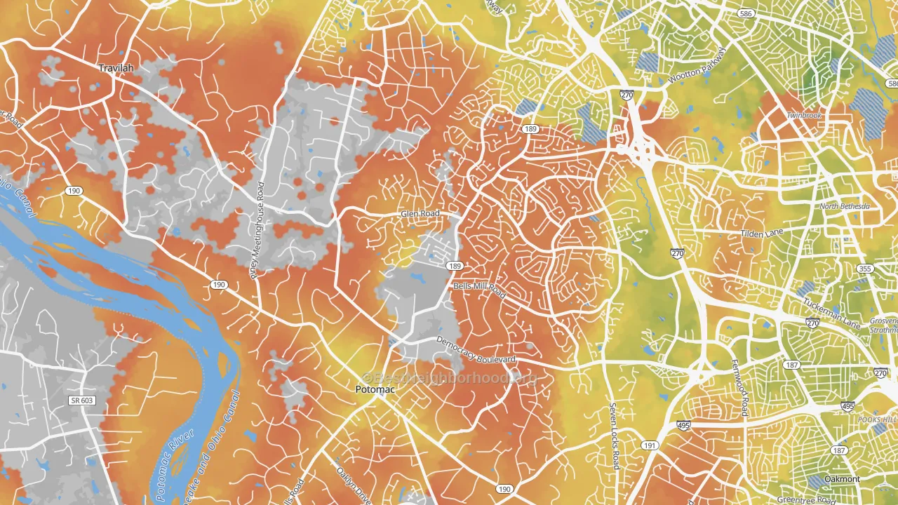 Bike Grade map of 20854, MD